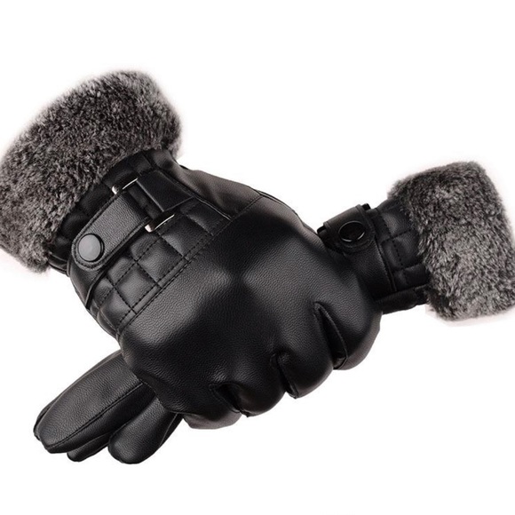 GENUINE LEATHER BLACK FUR GLOVES WINTER CHRISTMAS - Picture 5 of 5